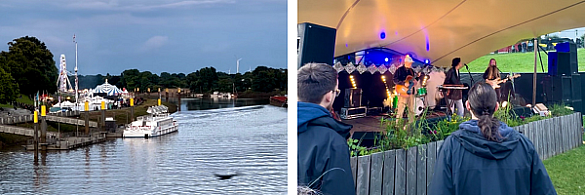 Zwei Fotos nebeneinander. Links ein Blick auf die Breminale von der anderen Weserseite. Rechts ein Konzert während der Breminale.