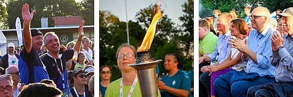 Bürgermeister Andreas Bovenschulte tanzt mit Teilnehmerinnen und Teilnehmern der Special Olympics Landesspiele in Bremen.