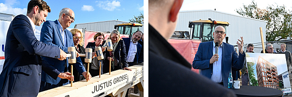 Bürgermeister Andreas Bovenschulte bei der Grundsteinlegung mit Hammer in der Hand. Mit dabei die Senatorinnen Vogt und Ünsal.